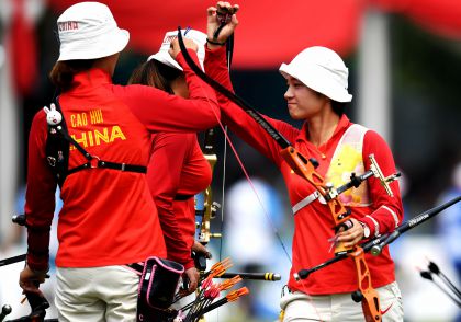 雅加达亚运会射箭女子反曲弓团体赛  中国队胜哈萨克斯坦队晋级半决赛